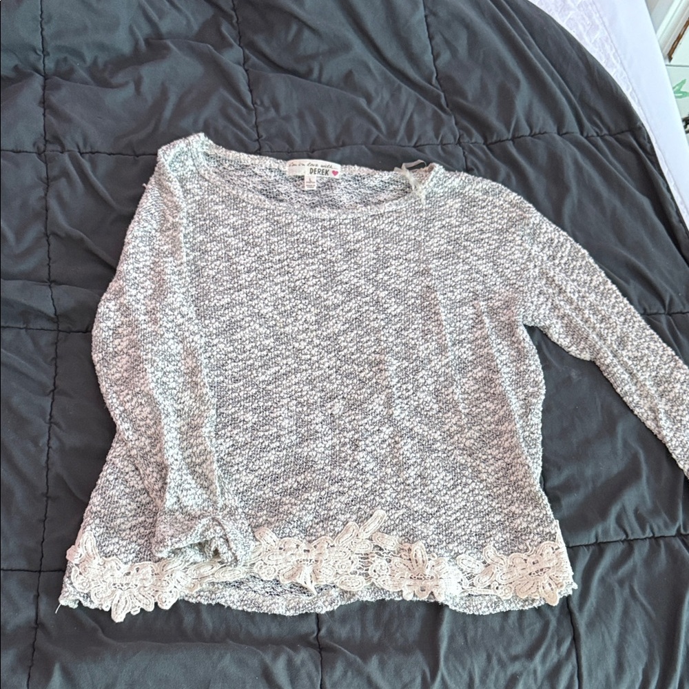 Gray Women's Sweater with Lace Trim